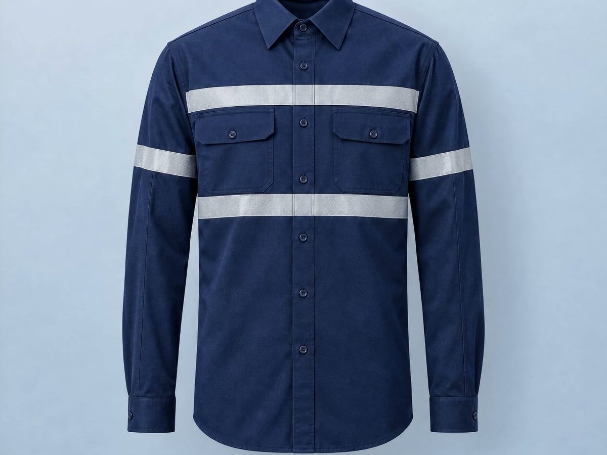Camisa de faena azul marino con cintas reflectantes, limpia y planchada